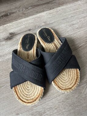 Dior Black Cloth Espadrille Slide Sandals Size 36